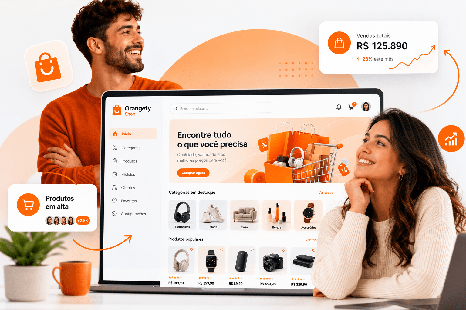 Vendedores felizes usando a Orangefy Shop no computador